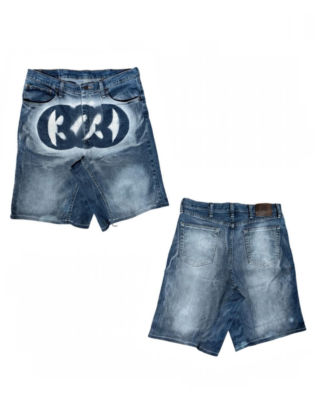 (323) HEADLIGHTS DENIM SHORTS constructed of spray paint design on jorts - 32x11
